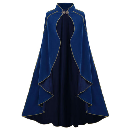 Women's Medieval Cloak Stand Collar Deluxe Velvet Gold Trim Cape for Adult（110cm blue）Renaissance Cloak with Hood Women Medieval Hooded Cape with Arm Holes for Halloween