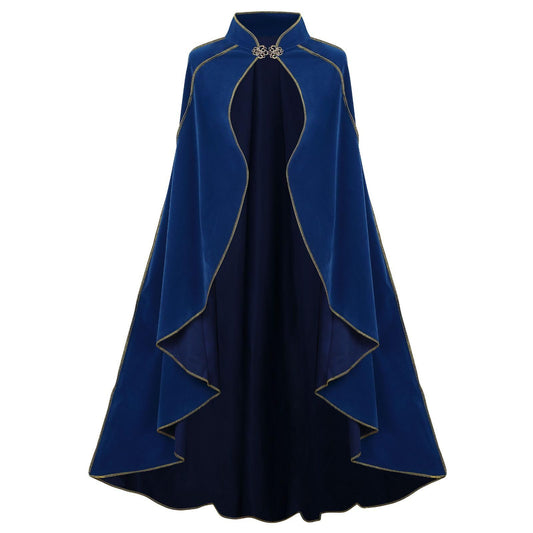 Women's Medieval Cloak Stand Collar Deluxe Velvet Gold Trim Cape for Adult（110cm blue）Renaissance Cloak with Hood Women Medieval Hooded Cape with Arm Holes for Halloween