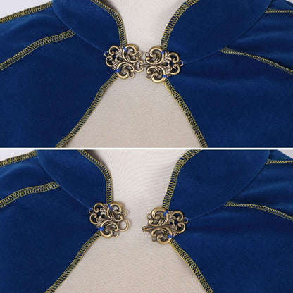 Women's Medieval Cloak Stand Collar Deluxe Velvet Gold Trim Cape for Adult（110cm blue）Renaissance Cloak with Hood Women Medieval Hooded Cape with Arm Holes for Halloween