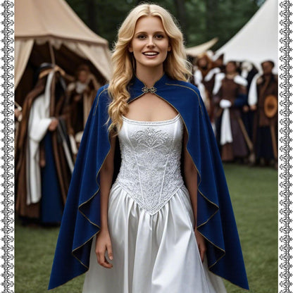 Women's Medieval Cloak Stand Collar Deluxe Velvet Gold Trim Cape for Adult（110cm blue）Renaissance Cloak with Hood Women Medieval Hooded Cape with Arm Holes for Halloween
