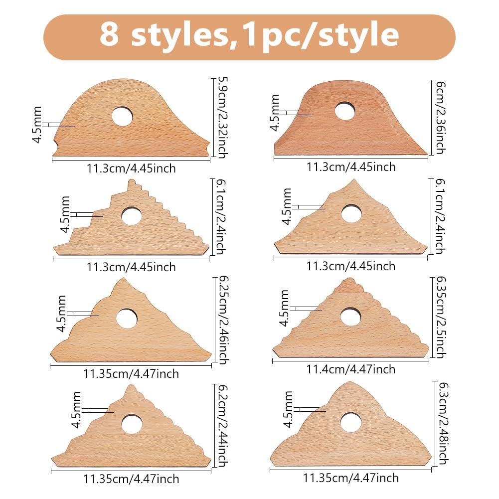 Triangle Pottery Ribs & Trimming Tools | Shaper Tools | 6 Clay Texture Ribs | Solid Beech Wood | 8-Pack