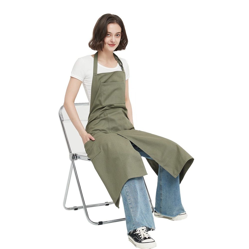 Pottery Apron Split Leg Long Artist Painting Aprons with 3 Pockets for Ceramics Clay Women Men（green）