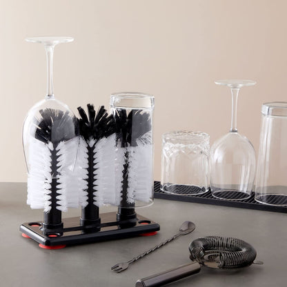 Glass Washer Brush Cleaner - 3 Brushes per Base Bristle Brush for Beer Cup, Long Leg Cup, Red Wine Glass & More Bar Kitchen Sink Home Tools