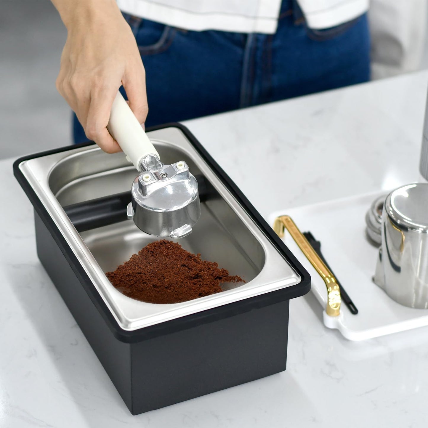 Espresso Knock Box,Stainless Steel Coffee Pucks Container, with Steel Holder and Noise Reduction Rubber Ring