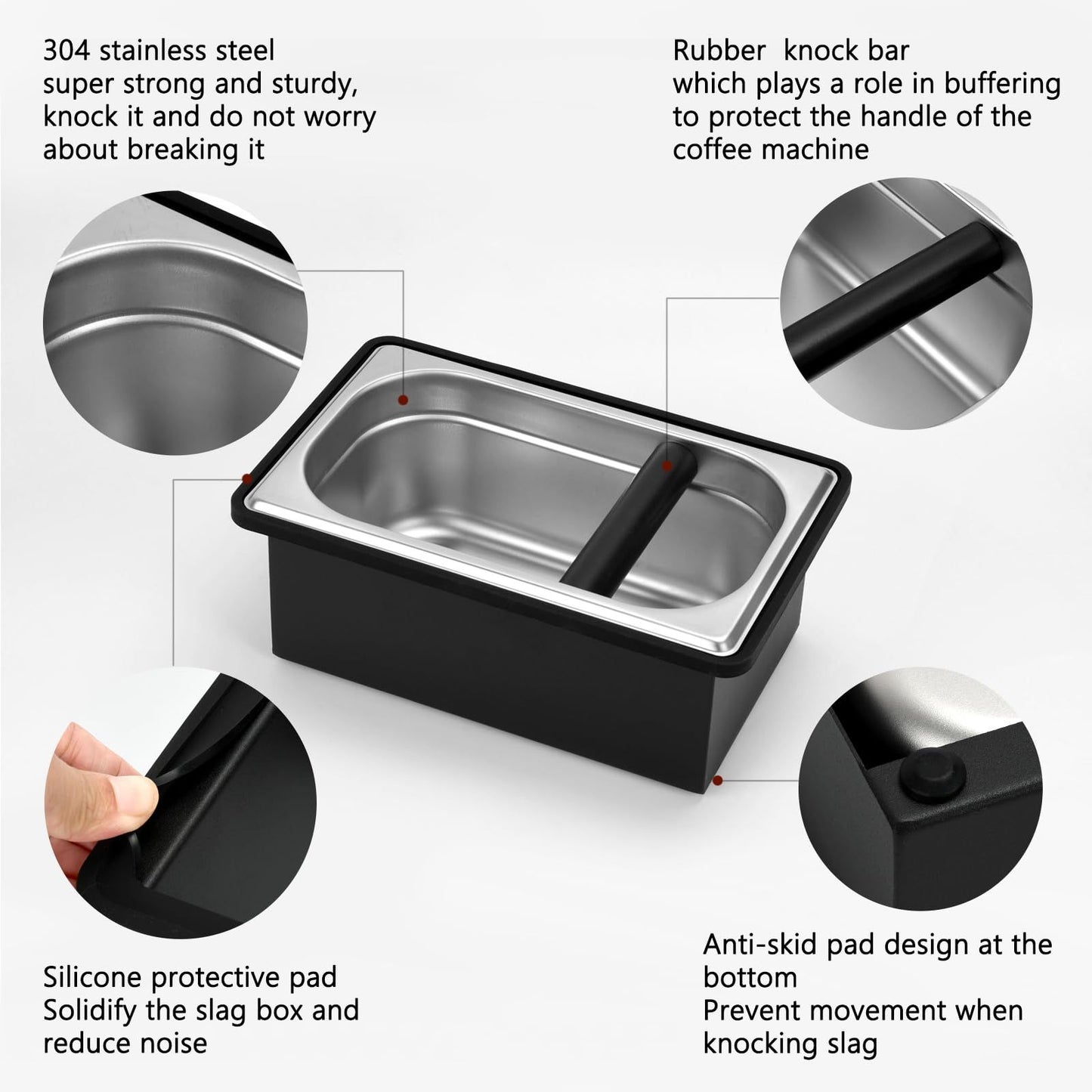 Espresso Knock Box,Stainless Steel Coffee Pucks Container, with Steel Holder and Noise Reduction Rubber Ring