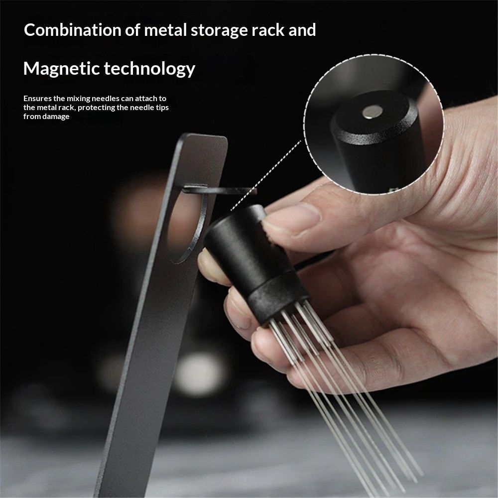 Magnetic Coffee Stirrer 0.4mm 7 Installed Pins + 0.25mm for Espresso Distribution Tool with Metal Stand for Barista Espresso (Black)