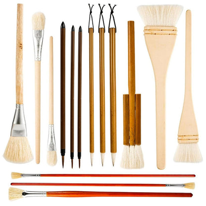 Pottery Brushes for Glazing, 15 Pcs Ceramic Brush Set With Storage Box, Wool Bamboon  for Pottery, Acrylic, Watercolor