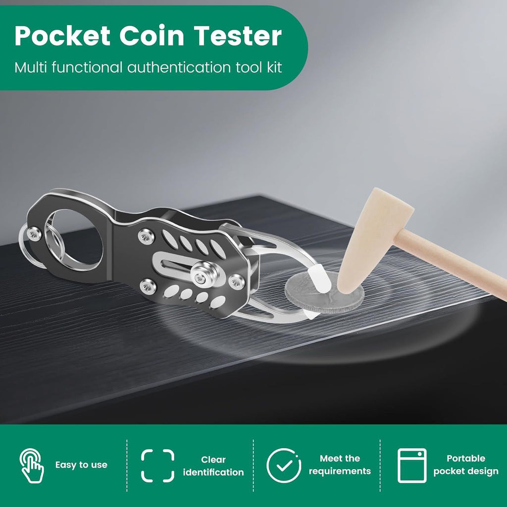 The Pocket Coin Tester Kit, Gold & Silver Coin Testing- Coin Validation via Ping Resonance Testing and Size Comparison, Portable Convenience & Technical Specifications Style.