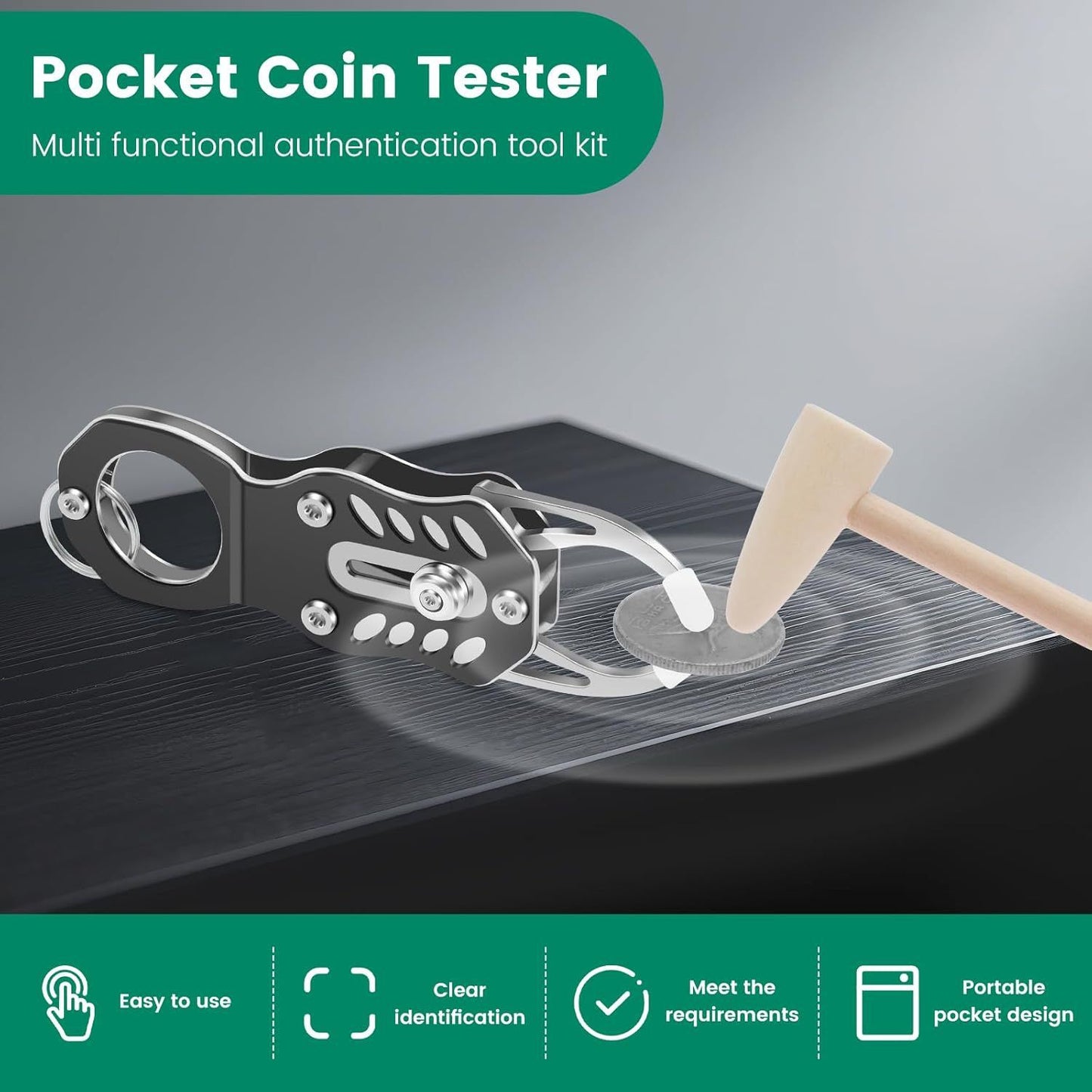 The Pocket Coin Tester Kit, Gold & Silver Coin Testing- Coin Validation via Ping Resonance Testing and Size Comparison, Portable Convenience & Technical Specifications Style.