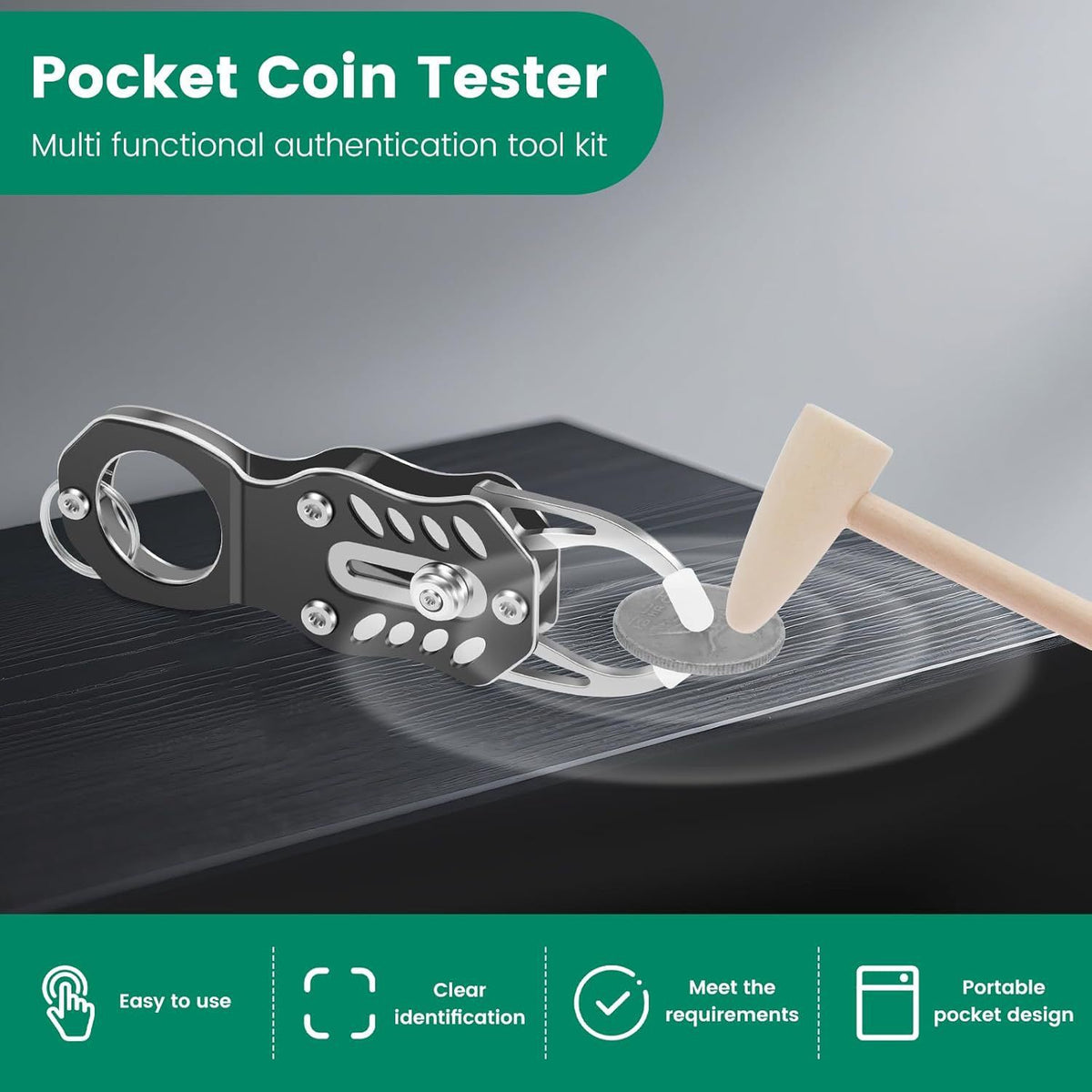 The Pocket Coin Tester Kit, Gold & Silver Coin Testing- Coin Validation via Ping Resonance Testing and Size Comparison, Portable Convenience & Technical Specifications Style.