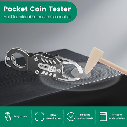 The Pocket Coin Tester Kit, Gold & Silver Coin Testing- Coin Validation via Ping Resonance Testing and Size Comparison, Portable Convenience & Technical Specifications Style.