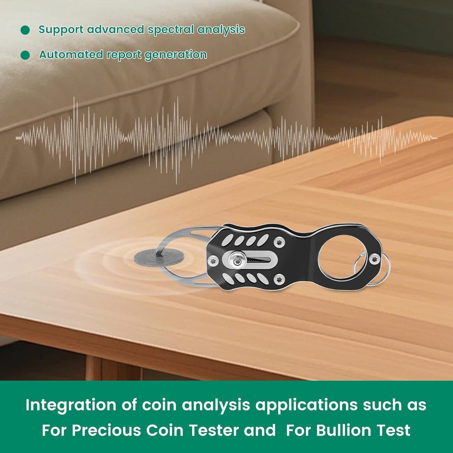 The Pocket Coin Tester Kit, Gold & Silver Coin Testing- Coin Validation via Ping Resonance Testing and Size Comparison, Portable Convenience & Technical Specifications Style.