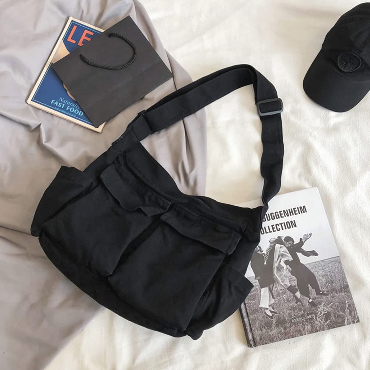 Aesthetic Cute Messenger Bag for School Vintage Black Canvas Crossbody for Women Shoulder Laptop Bag
