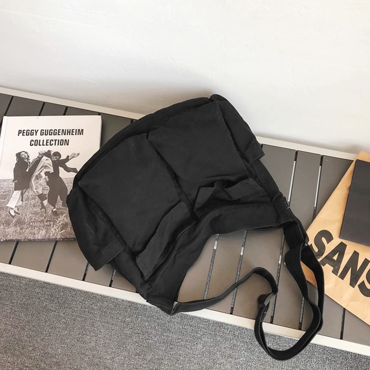 Aesthetic Cute Messenger Bag for School Vintage Black Canvas Crossbody for Women Shoulder Laptop Bag