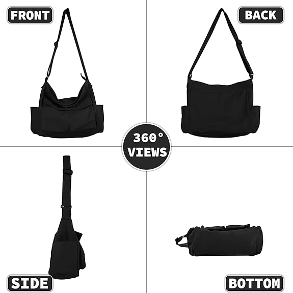 Aesthetic Cute Messenger Bag for School Vintage Black Canvas Crossbody for Women Shoulder Laptop Bag