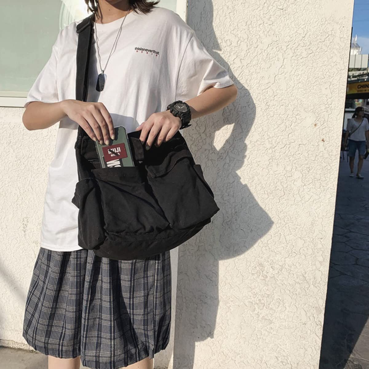Aesthetic Cute Messenger Bag for School Vintage Black Canvas Crossbody for Women Shoulder Laptop Bag