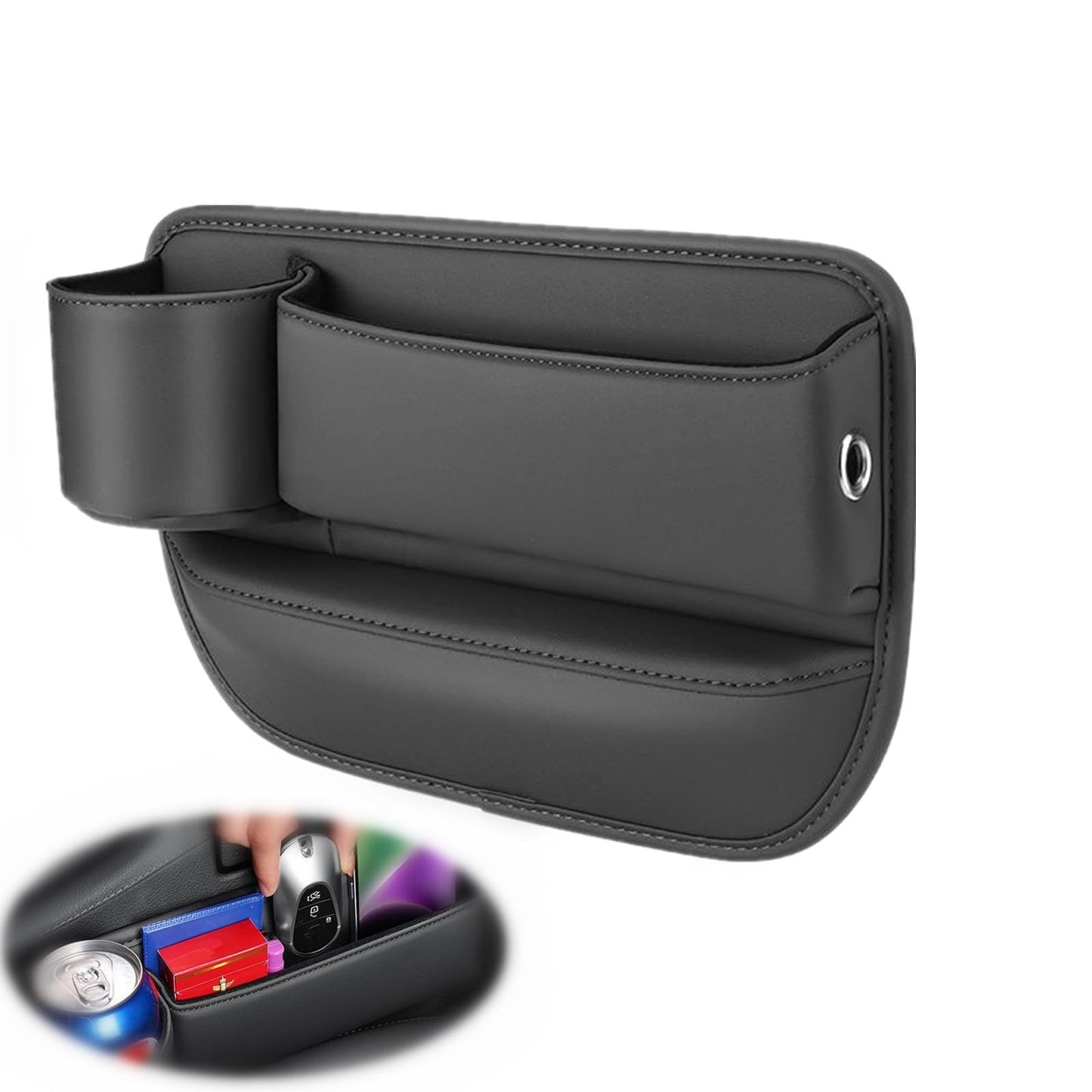 Car Leather Cup Holder Gap Bag, Car Storage Box with Cup Holder,Seat Storage Box Gap Filler Organizer for Glasses Phone Keys and Cards (Black, Driver's Seat)