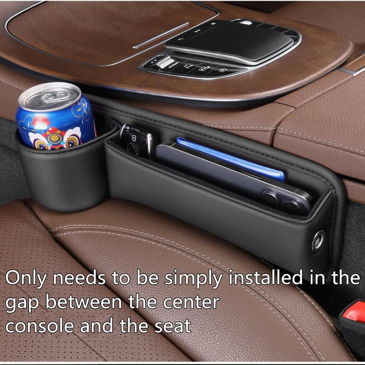 Car Leather Cup Holder Gap Bag, Car Storage Box with Cup Holder,Seat Storage Box Gap Filler Organizer for Glasses Phone Keys and Cards (Black, Driver's Seat)