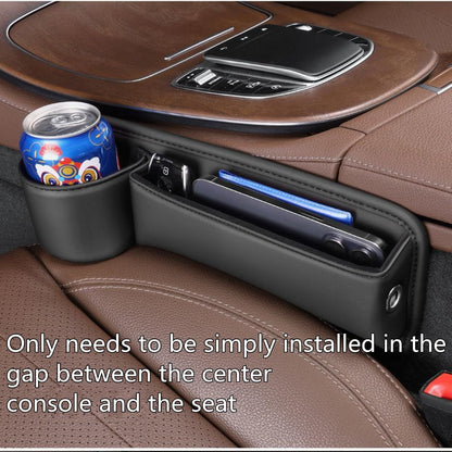 Car Leather Cup Holder Gap Bag, Car Storage Box with Cup Holder,Seat Storage Box Gap Filler Organizer for Glasses Phone Keys and Cards (Black, Driver's Seat)
