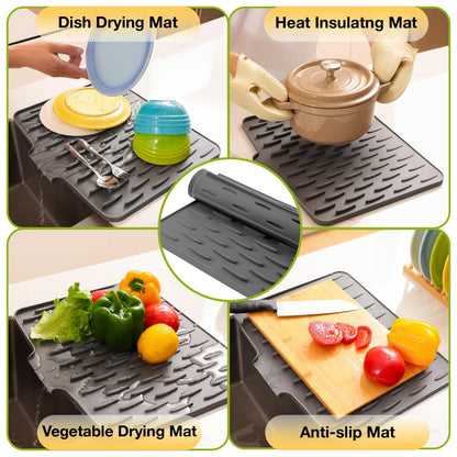 Dish Drying Mat with Board Drain, Heat Resistant Drying Matt Kitchen Counter & Silicone Dish Drying Mat, Quick-Dry Dish Drying Pad That Protects Countertops and Is Easy to Clean.( Grey)