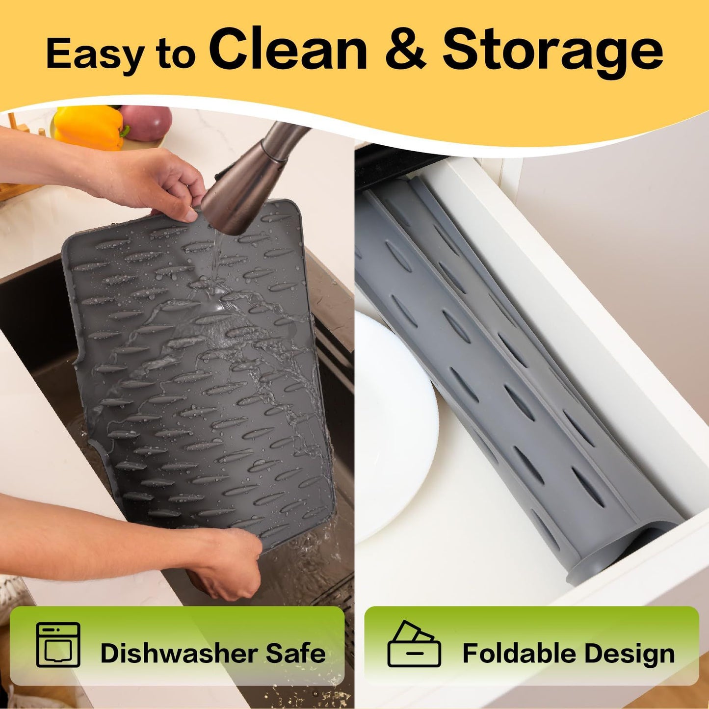 Dish Drying Mat with Board Drain, Heat Resistant Drying Matt Kitchen Counter & Silicone Dish Drying Mat, Quick-Dry Dish Drying Pad That Protects Countertops and Is Easy to Clean.( Grey)