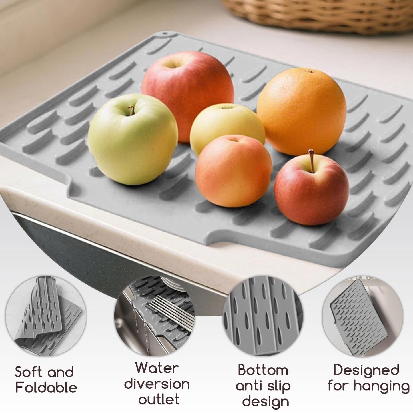 Dish Drying Mat with Board Drain, Heat Resistant Drying Matt Kitchen Counter & Silicone Dish Drying Mat, Quick-Dry Dish Drying Pad That Protects Countertops and Is Easy to Clean.( Grey)
