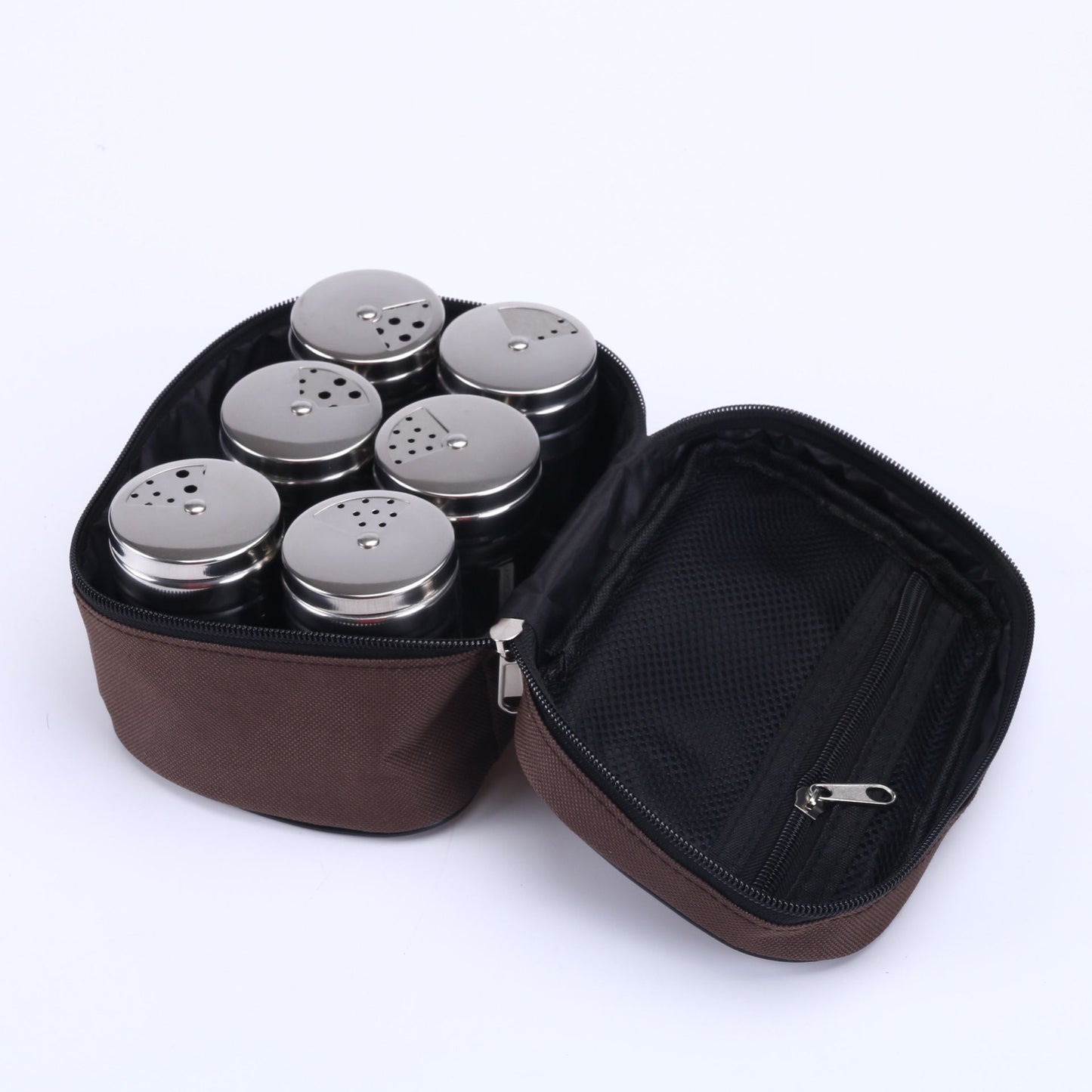 6 Piece Stainless Steel Spice Shaker Jars Salt and Pepper Holder BBQ Spice Herbs with Bag for East Travel, Great for Home or Outdoor Use,