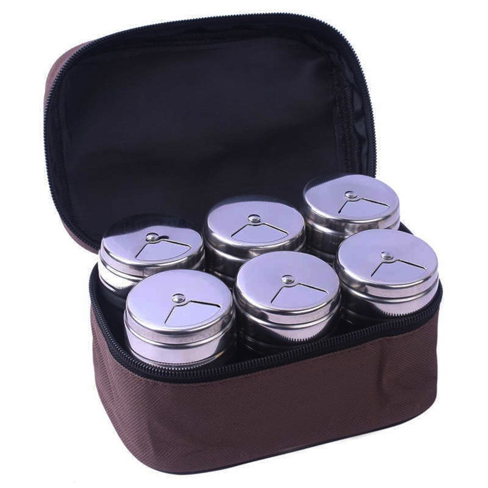 6 Piece Stainless Steel Spice Shaker Jars Salt and Pepper Holder BBQ Spice Herbs with Bag for East Travel, Great for Home or Outdoor Use,