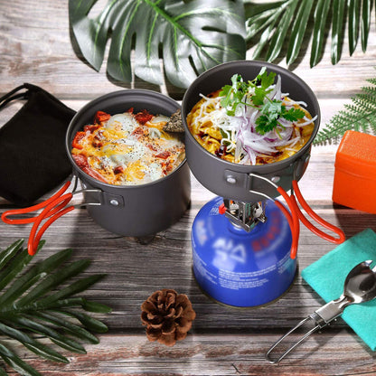 6pcs Camping Cookware Mess Kit with Lightweight Pot, Stove,Carry Mesh Bag, Great for Backpacking Outdoor Camping Hiking and Picnic