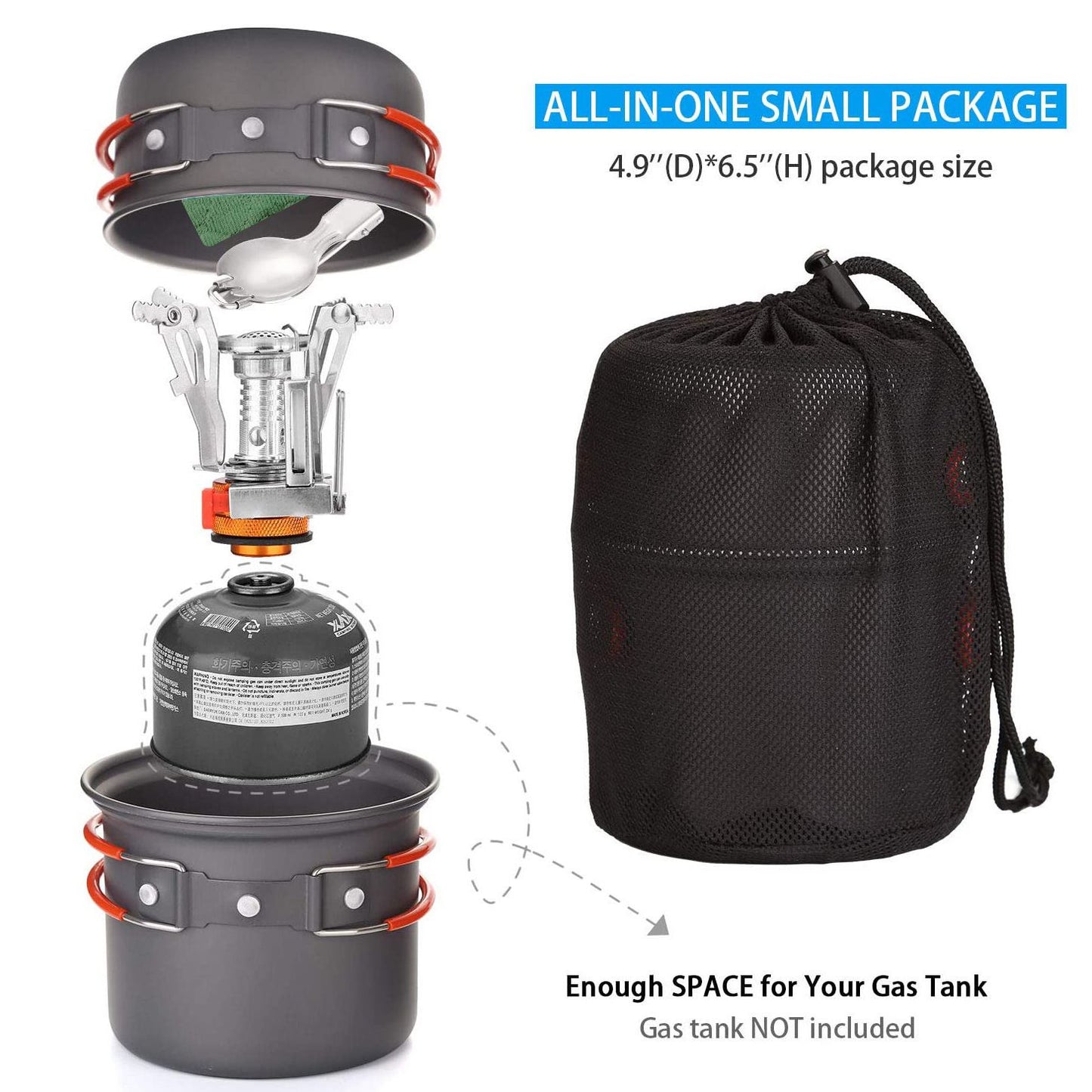 6pcs Camping Cookware Mess Kit with Lightweight Pot, Stove,Carry Mesh Bag, Great for Backpacking Outdoor Camping Hiking and Picnic