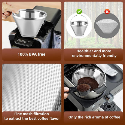 Reusable Cone Coffee Filters 304 Stainless Steel Coffee Filter，Filter Coffee Maker, 2Pcs Permanent Cone Filter