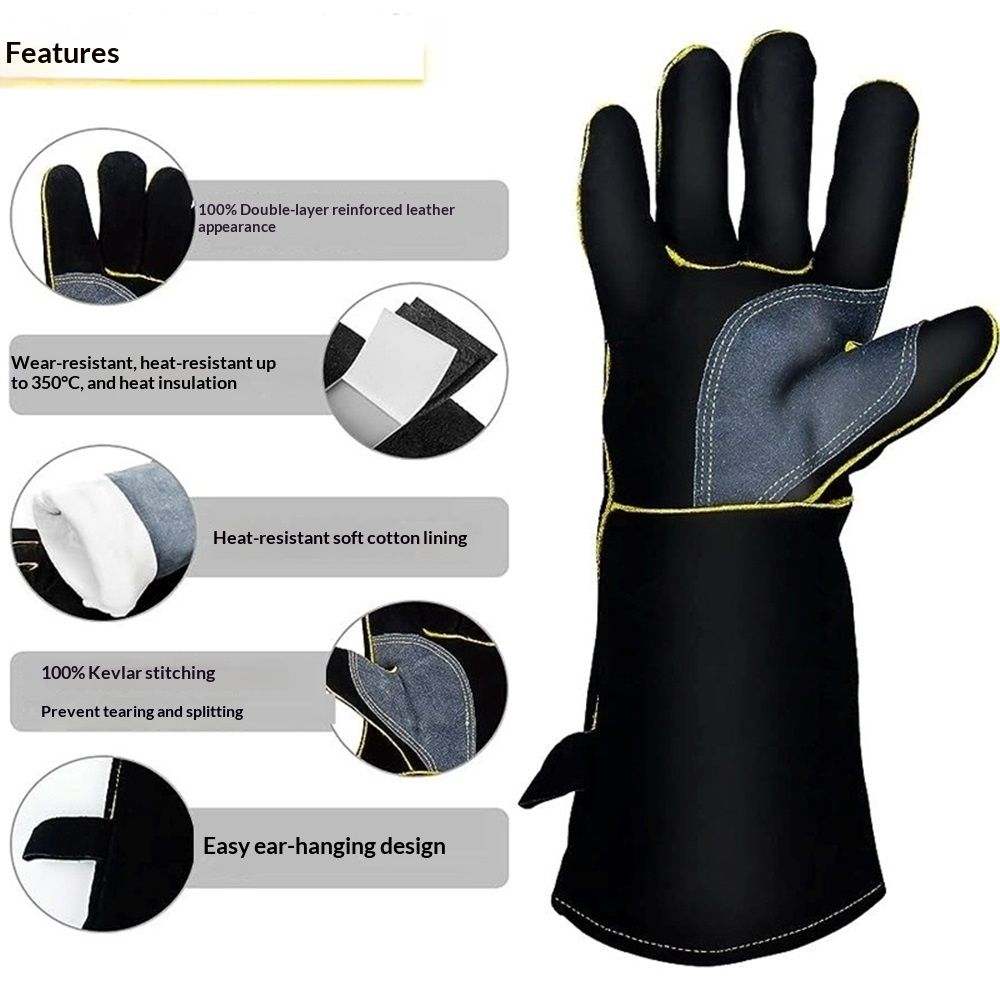 Extreme Heat & Fire Resistant Gloves Leather with Stitching,Mitts Perfect for Fireplace, Stove, Oven, Grill, Welding, BBQ, Pot Holder, Animal Handling