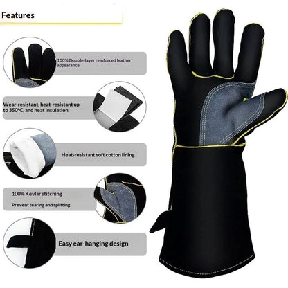 Extreme Heat & Fire Resistant Gloves Leather with Stitching,Mitts Perfect for Fireplace, Stove, Oven, Grill, Welding, BBQ, Pot Holder, Animal Handling