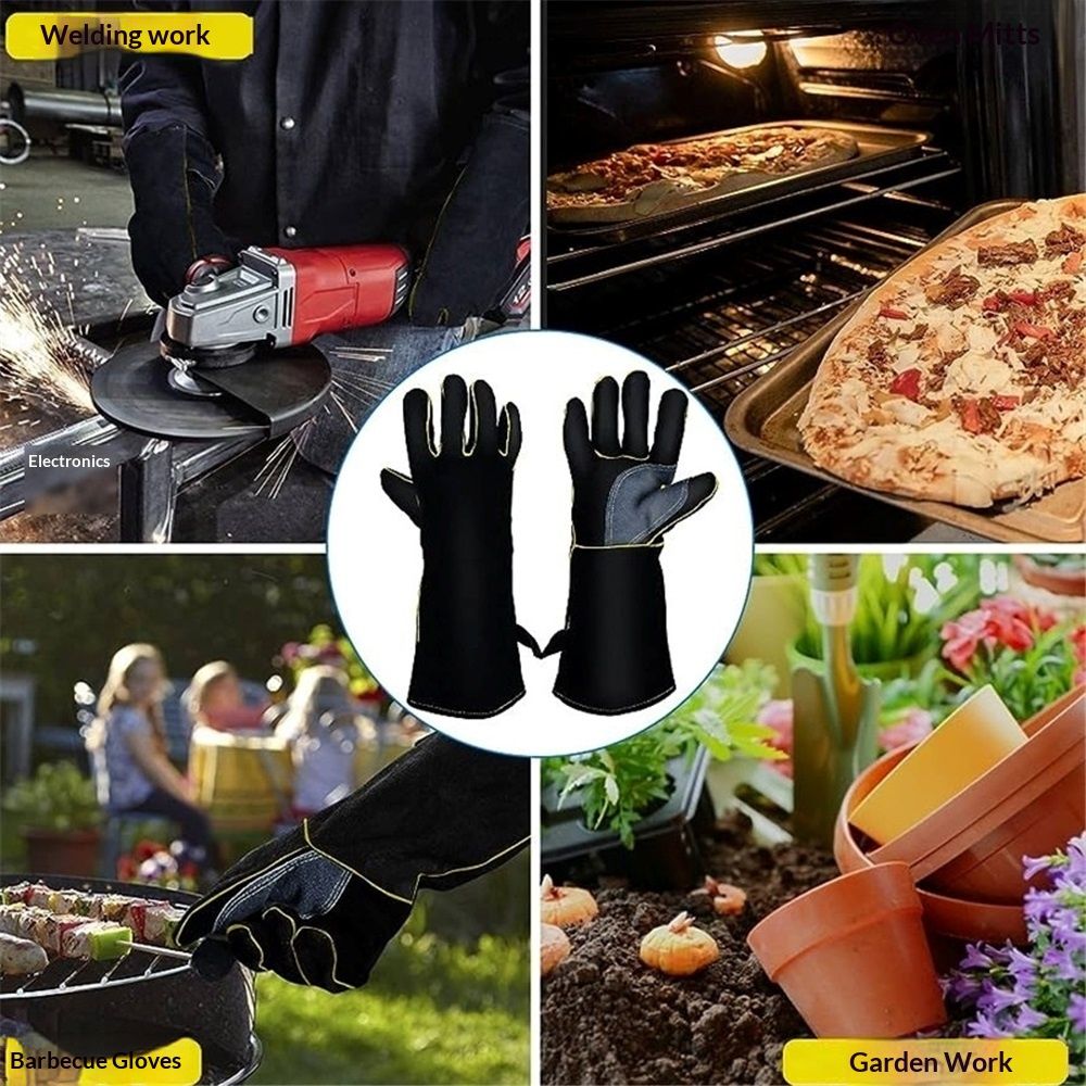 Extreme Heat & Fire Resistant Gloves Leather with Stitching,Mitts Perfect for Fireplace, Stove, Oven, Grill, Welding, BBQ, Pot Holder, Animal Handling