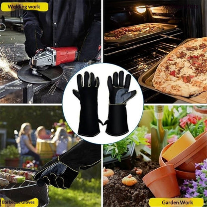 Extreme Heat & Fire Resistant Gloves Leather with Stitching,Mitts Perfect for Fireplace, Stove, Oven, Grill, Welding, BBQ, Pot Holder, Animal Handling