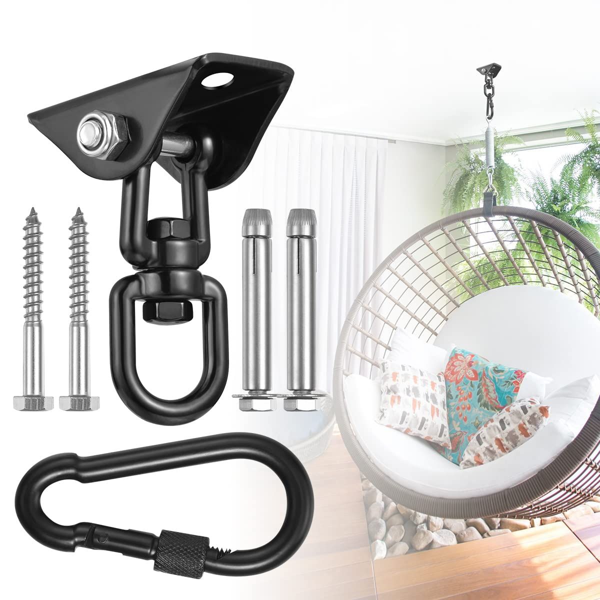 Hammock Hanging Kit,Hanging Chair Hardware 360°Rotating Capacity Hammock Hooks Heavy Duty,Hammock Chair Hanging Kit & Swing Ceiling Hook Snap for Hammock Chair Stand,Seat, Tree,Yoga,Gym(Black)