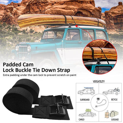 Black two Pair Tie Down Strap Padded Cam Lock Buckle - Cargo Straps for Moving Appliances, Lawn Equipment, Motorcycle Kayak Surfboard Surf Rack