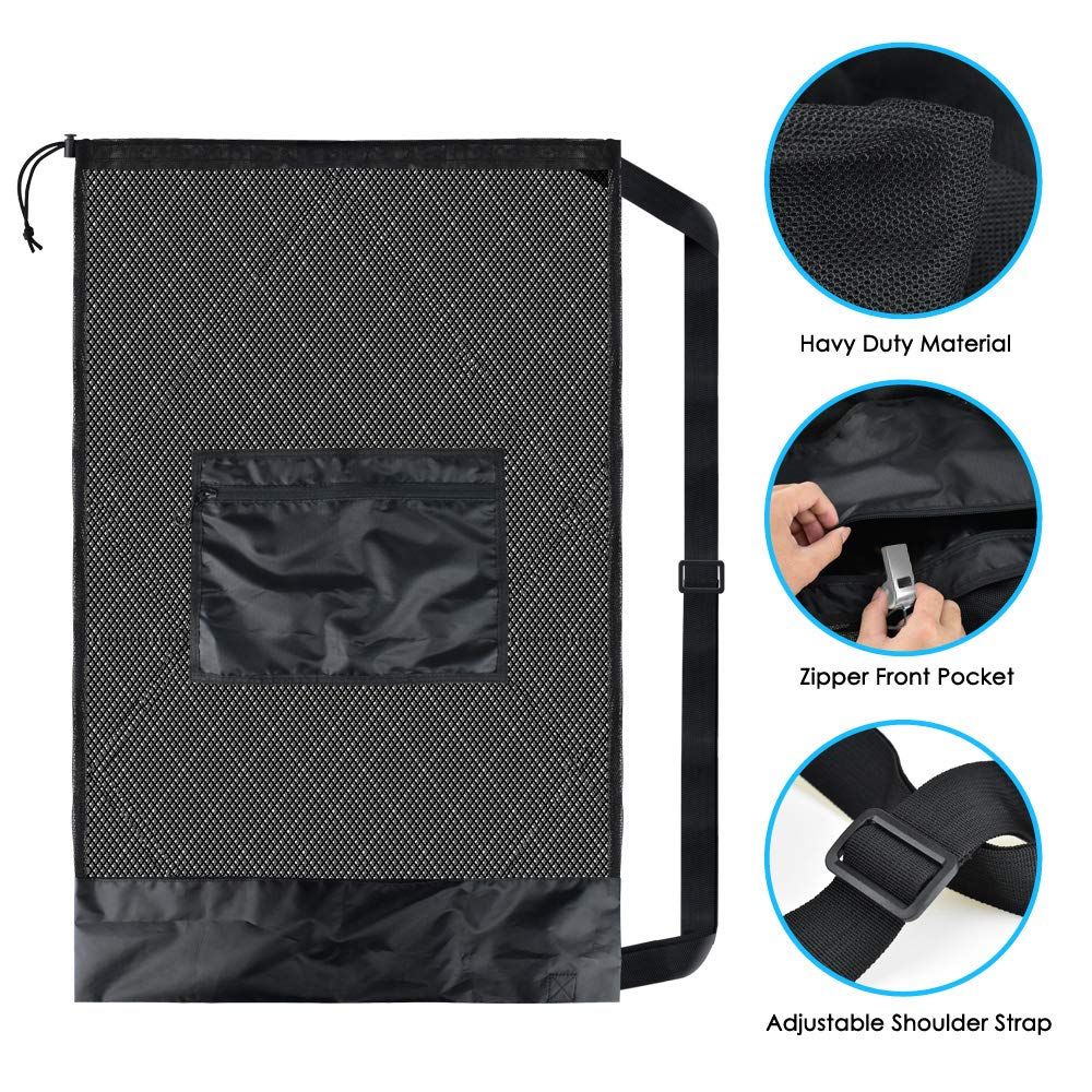 Extra Large Heavy Duty Mesh Bag. Best for Soccer Ball, Water Sports, Beach Cloth, Swimming Gears. Adjustable Shoulder Strap. Secure Side Pocket（30” x 40”）