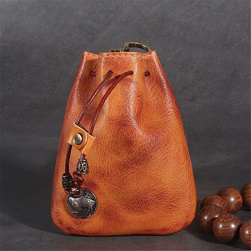 Leather Mini Vintage Purse - Drawstring Coin Purse Card Bag Key Bag Change Purse - Personality Coin Purse For Men and Women- Brown