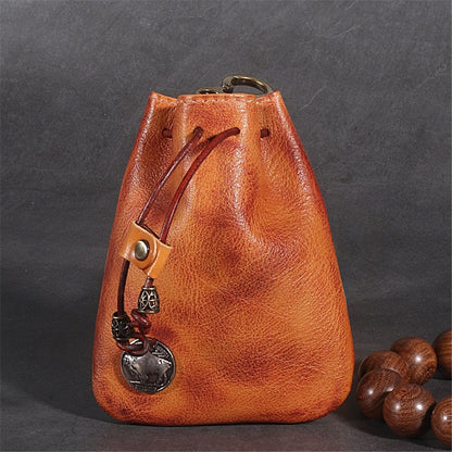 Leather Mini Vintage Purse - Drawstring Coin Purse Card Bag Key Bag Change Purse - Personality Coin Purse For Men and Women- Brown