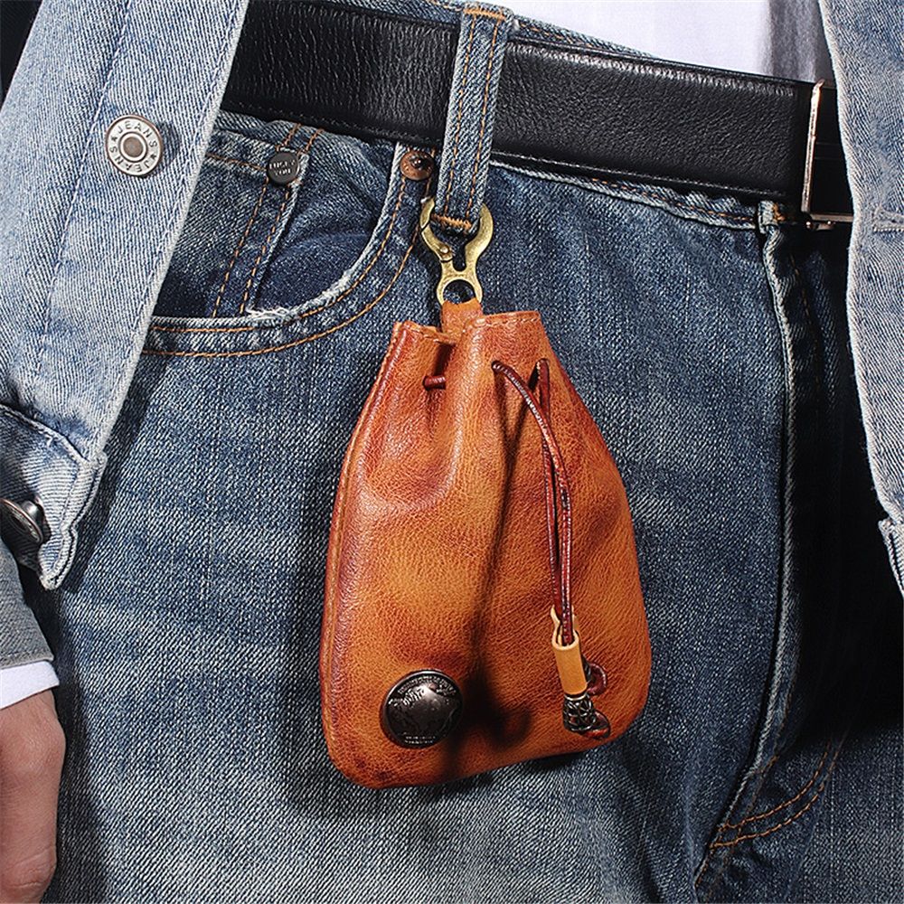 Leather Mini Vintage Purse - Drawstring Coin Purse Card Bag Key Bag Change Purse - Personality Coin Purse For Men and Women- Brown