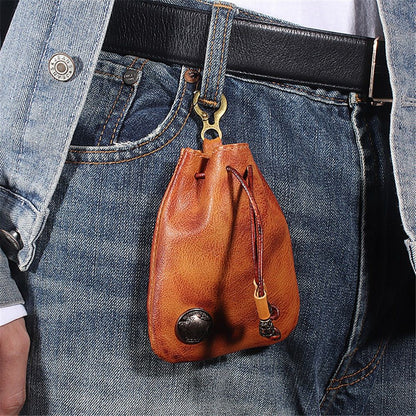 Leather Mini Vintage Purse - Drawstring Coin Purse Card Bag Key Bag Change Purse - Personality Coin Purse For Men and Women- Brown