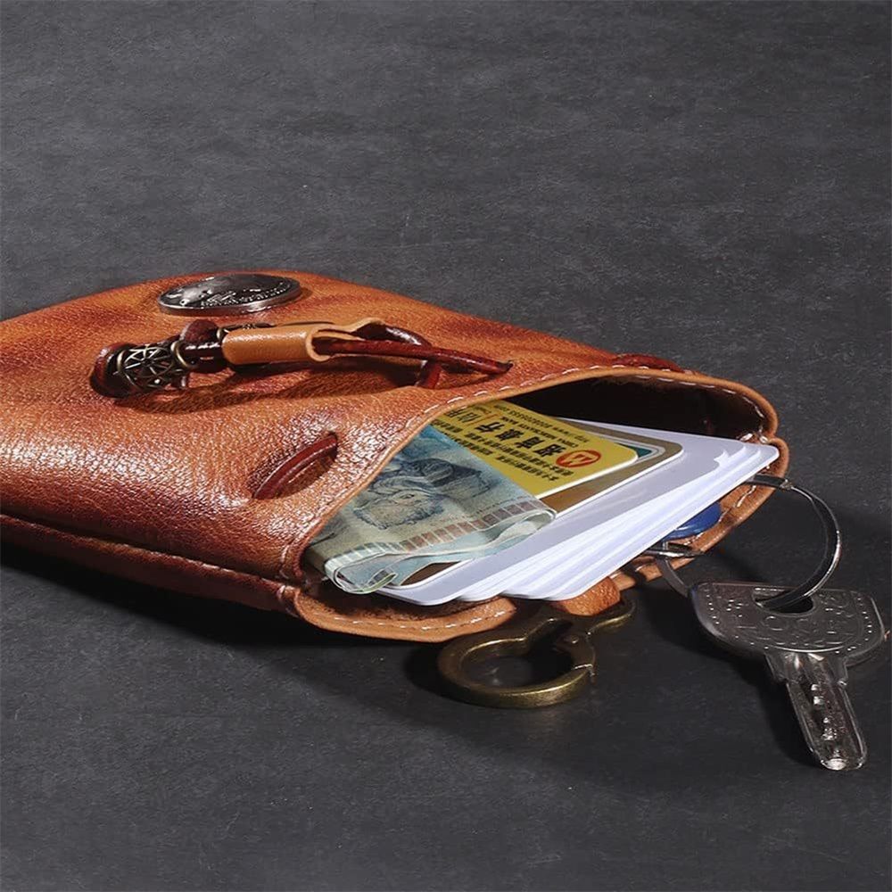 Leather Mini Vintage Purse - Drawstring Coin Purse Card Bag Key Bag Change Purse - Personality Coin Purse For Men and Women- Brown
