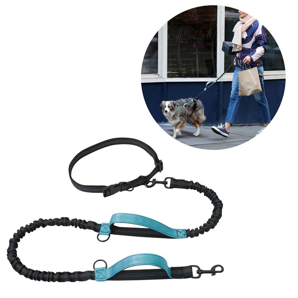 Hands Free Waist Leash for Dog Running Training and Jogging, Adjustable Belt with Double Handle, Reflective Bungee for Medium Large Dogs( Blue)