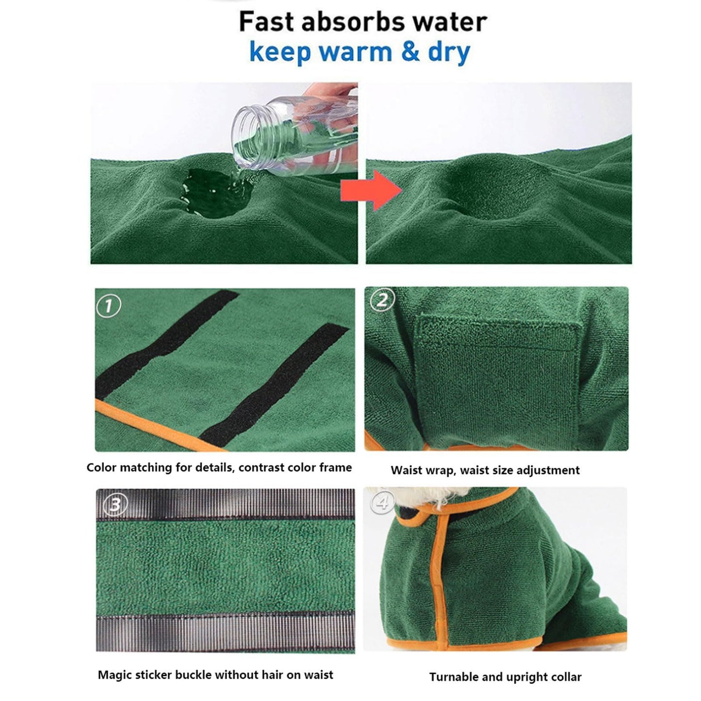 Dog Drying Coat - Fast Drying Dog Towel Robe - Microfiber Super Absorbent Pet Bathrobe, Adjustable Collar & Belly Strap Pet Coat Pet Bath Robe Towel  Dark Green S