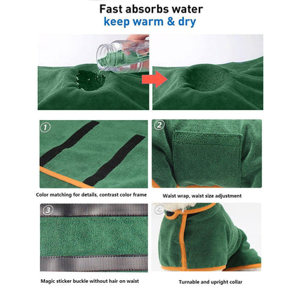Dog Drying Coat - Fast Drying Dog Towel Robe - Microfiber Super Absorbent Pet Bathrobe, Adjustable Collar & Belly Strap Pet Coat Pet Bath Robe Towel  Dark Green S
