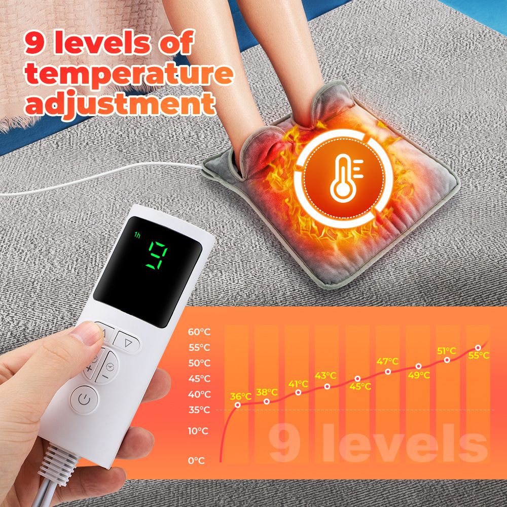 Electric Heated Foot Warmer for Men and Women, Feet Heating Pads Electric Feet Warmer with LCD Display & 9 Temperature Setting, Heated Foot Warmers for Under Desk, Office,Home (Grey)