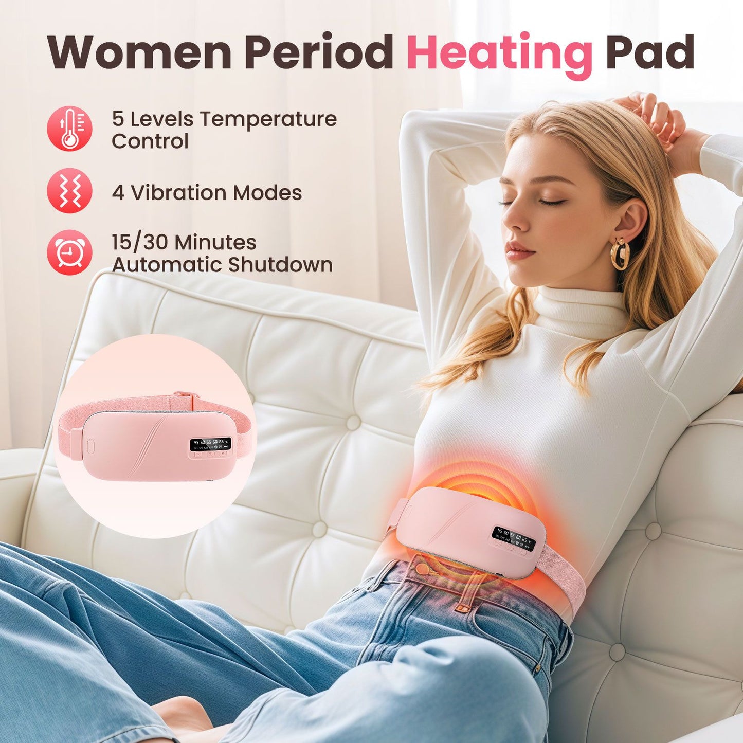 Portable Cordless Heating Pad for Cramps, 5 Heat Levels and 4 Massage Modes, A Temp Control, Belly and Back Heating Pad, Gifts for Women and Girls (Pink)