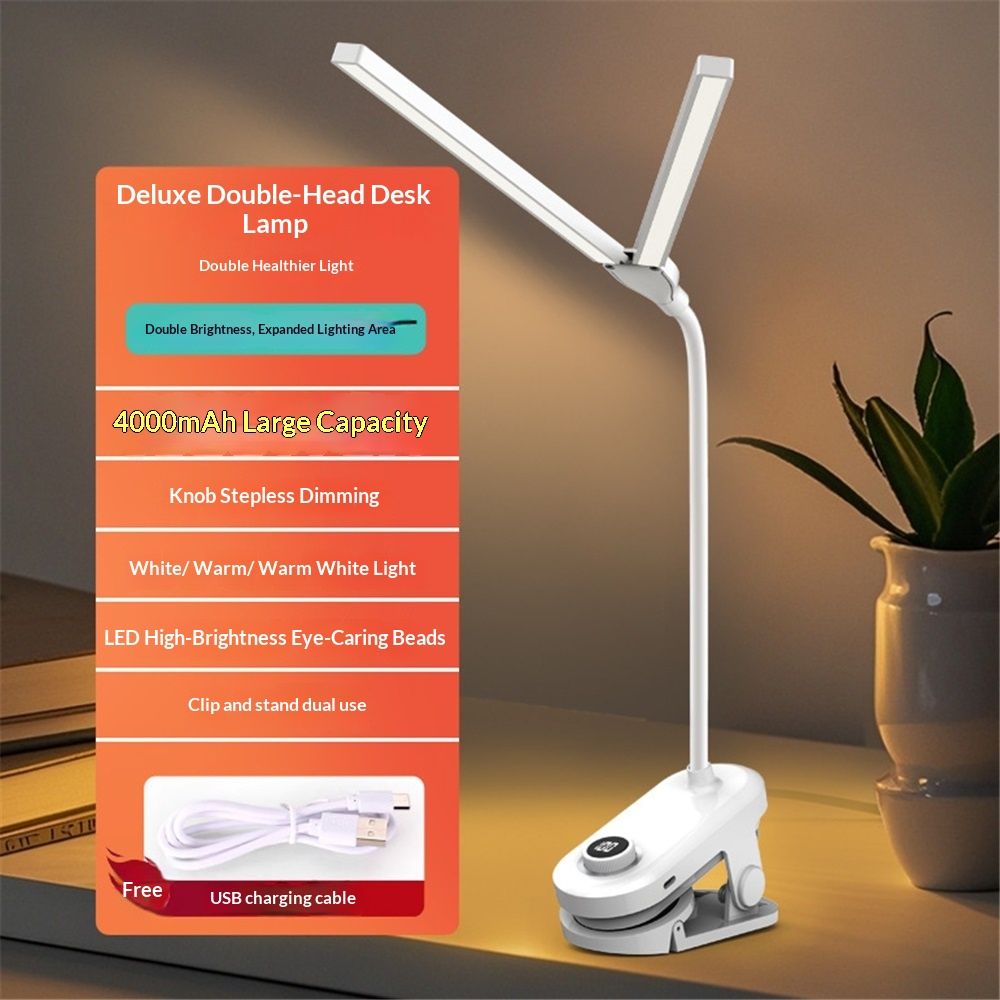 Dual Head LED Desk Lamp with Clamp, Eye-Caring Clip on Lights for Home Office, 4000mAh Rechargeable Battery Operated Table Lamps,3 Lighting Modes & Brightness Dimmer Light for Kids Students