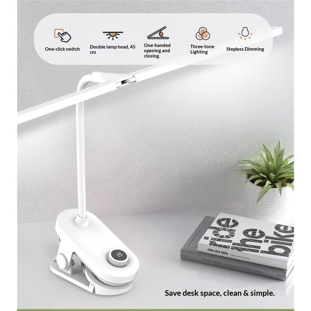 Dual Head LED Desk Lamp with Clamp, Eye-Caring Clip on Lights for Home Office, 4000mAh Rechargeable Battery Operated Table Lamps,3 Lighting Modes & Brightness Dimmer Light for Kids Students
